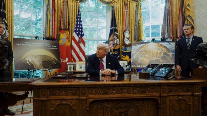 GOLDEN DOME - Tangkapan layar menunjukkan Presiden Amerika Serikat (AS) Donald Trump mengumumkan sistem pertahanan rudal baru bernama Golden Dome pada Selasa (20/5/2025).