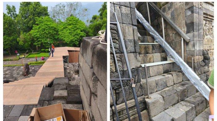 ESKALATOR BOROBUDUR - Potongan video petugas memasang komponen eskalator di Candi Borobudur di Magelang, Jawa Tengah. Video ini viral di media sosial X dan facebook.