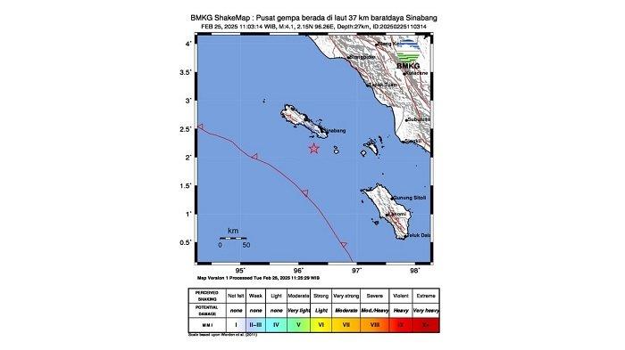 Gempa M5,5 di Aceh Guncang Sinabang, BMKG: Pusat di Laut