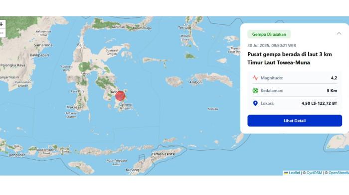 GEMPA BUMI - Tangkap layar laman https://www.bmkg.go.id/gempabumi yang diambil pada Rabu (30/7/2025). Gempa M 4,2 Guncang Sulawesi Tenggara Pagi Ini, BMKG: Pusat Gempa di Laut