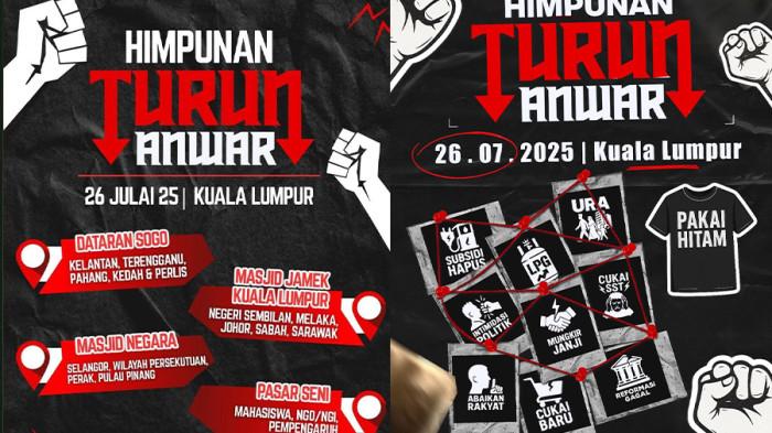 HIMPUNAN TURUN ANWAR - Tangkap layar unggahan Partai Islam Se-Malaysia (PAS) terkait unjuk rasa Himpunan Turun Anwar yang akan digelar di Dataran Merdeka, Kuala Lumpur, Malaysia pada Sabtu (26/7/2025)