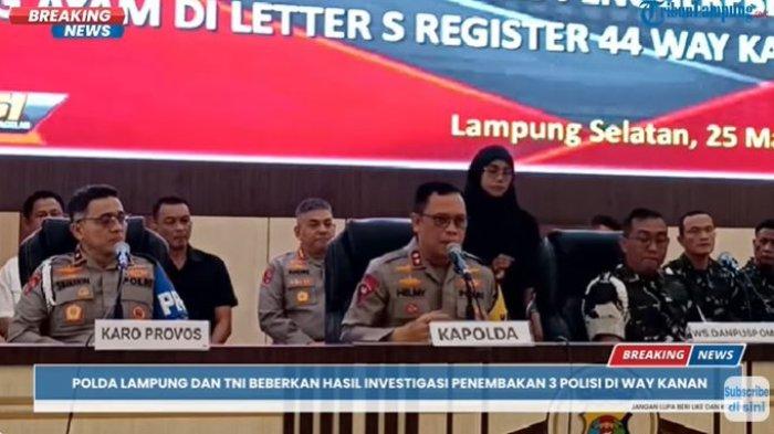 POLISI DITEMBAK - Kapolda Lampung, Irjen Helmy Sandika saat konferensi pers untuk mengumumkan update terkait kasus penembakan yang menewaskan tiga anggota Polsek Negara Batin saat melakukan penggerebekan judi ayam di Way Kanan, Selasa (25/3/2025).