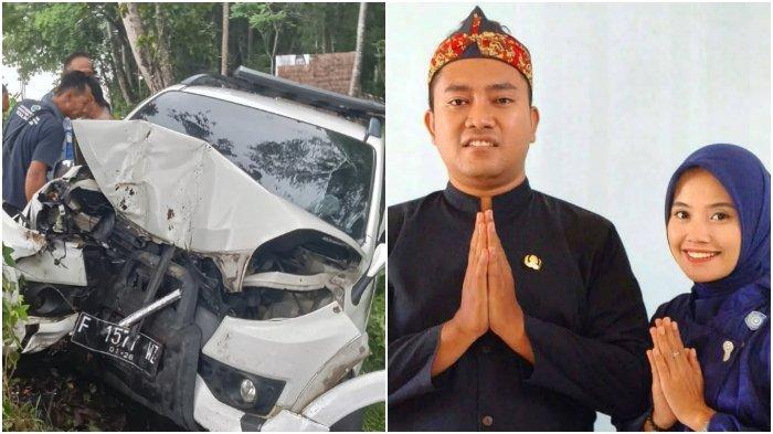 KADES TEWAS KECELAKAAN - (Kiri) Kondisi mobil yang remuk usai tabrak pohon, pada Minggu (22/6/2025) dan (Kanan) Foto Kepala Desa Mekarsari, Kecamatan Agrabinta, Teguh Peryata (35), istrinya Lia Fatmawati (30), semasa masih hidup.