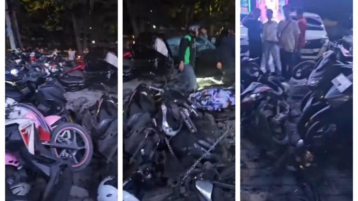 JUMPALITAN - Kondisi sejumlah sepeda motor di area parkir klub malam Helen's yang hancur usai ditabrak mobil listrik Hyundai Ioniq 5 berpelat nomor B 1478 UNP di kawasan Sunter, Jakarta Utara, Sabtu dinihari, 19 April 2025 sekitar pukul 02.30 WIB. Pengemudi diduga dalam kondisi mabuk saat insiden terjadi.