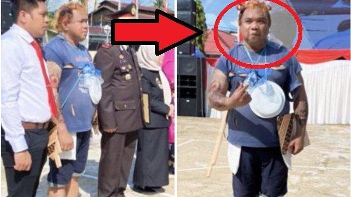 ANGGOTA POLISI BERPRESTASI - Penampilan Ipda Sukandi yang menyerupai ODGJ saat menerima penghargaan di HUT Bhayangkara Polres Sinjai, Selasa (1/7/2025). Di balik tampilannya, ia merupakan perwira intel yang meraih peringkat tiga cover job terbaik Pama kontra intelijen tingkat nasional.