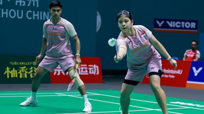 JAFAR/FELISHA - Ganda campuran Indonesia, Jafar Hidayatullah/Felisha Pasaribu menang atas Mads Vestergaard/Christine Busch (Denmark) dalam 16 besar China Open 2025 di Changzhou Gymnasium, pada 24 Juli 2025. (Dok/PBSI)