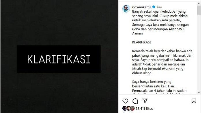 KLARIFIKASI RIDWAN KAMIL - Mantan Gubernur Jawa Barat, Ridwan Kamil menyampaikan klarifikasi atas kabar kurang menyenangkan terkait isu perselingkuhan. Klarifikasi Ridwan Kamil disampaikan melalui unggahan Instagram, Kamis (27/3/2025).