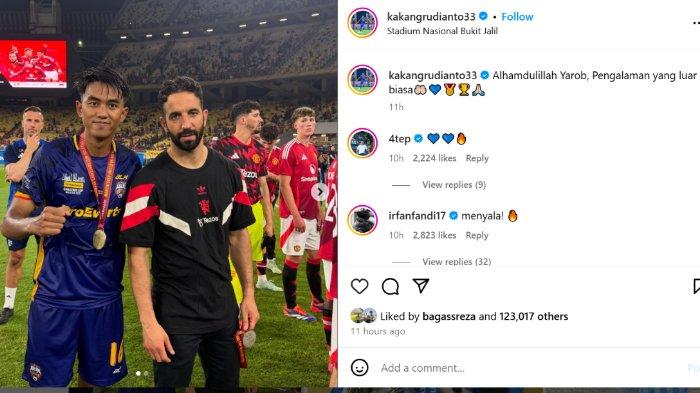 KAKANG & RUBEN AMORIM - Kakang mengunggah foto bersama pelatih MU, Ruben Amorim, seusai laga ASEAN All Stars vs Manchester United. ASEAN All Stars menang 1-0 dalam laga yang berlangsung di Stadion Bukit Jalil, Kuala Lumpur, Malaysia, Rabu (28/5/2025).