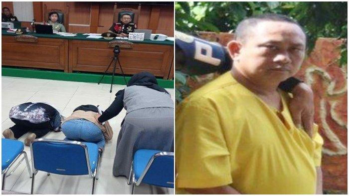 3 POLISI DITEMBAK - (Kiri) Tiga keluarga almarhum, Sasnia, istri AKP Anumerta Lusiyanto, istri Petrus Apriyanto, dan Ibu M Ghalib Surya Ganta, bersujud ke hadapan majelis hakim untuk minta dihukum seberat beratnya terdakwa yang telah membunuh suami mereka pada sidang lanjutan di Pengadilan Militer I-04 Palembang, Senin (30/6/2025) dan (Kanan)  Kopda Bazarsah saat digiring masuk menuju ruang sidang di Pengadilan Militer I-04 Palembang.