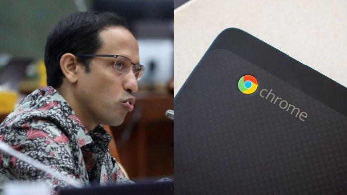 KORUPSI LAPTOP - Kolase foto Mendikbudristek Nadiem Anwar Makarim saat rapat kerja dengan Komisi X DPR RI di Kompleks Parlemen, Senayan, Jakarta, 24 Januari 2023, dan foto ilustrasi laptop dengan sistem operasi Chromebook dari Google. Pada Juni 2025, Kejaksaan Agung melakukan penyidikan kasus dugana korupsi proyek pengadaan laptop berbasis Chromebook di Kemendikbudristek 2019-2022 semasa Menteri Nadiem Makarim.