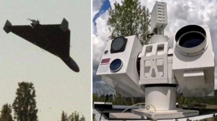 Kolase gambar sistem Laser Silent Hunter 3000 dan Drone serang Kamikaze