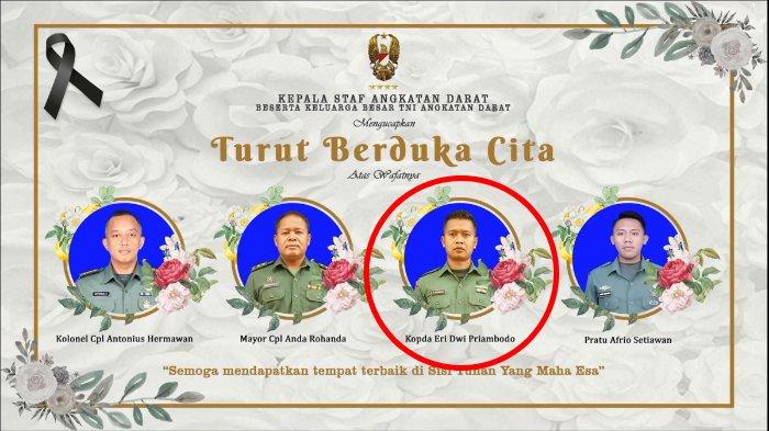 ERI DWI PRAMBODO - Kopral Dua (Kopda) Eri Dwi Priambodo menjadi satu dari empat prajurit Tentara Nasional Indonesia (TNI) yang tewas saat bertugas dalam pemusnahan amunisi kedaluwarsa di Garut, Jawa Barat, Senin (12/5/2025). Ledakan terjadi saat pemusnahan amunisi kedaluwarsa di Garut yang mengakibatkan 13 orang tewas, termasuk sembilan warga sipil.