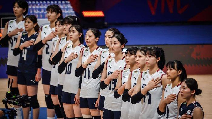 KOREA VNL 2025 - Penggawa voli Korea Selatan sebelum memainkan laga perdananya di VNL 2025 melawan Jerman di Rio de Janiero, Brasil, pada 5 Juni 2025. (Foto: Volleyballworld)