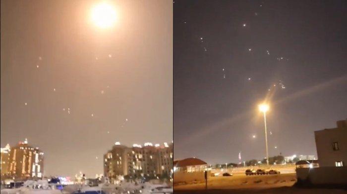IRAN SERANG PANGKALAN MILITER AS - Langit kota Dohar, Qatar, diwarnai ledakan dan suar usai Iran dilaporkan melancarkan serangan rudal dengan target Pangkalan Militer Udara Amerika Serikat (AS) Al Udeid, di Qatar, pada Senin (23/6/2025) malam waktu setempat. Serangan ini diduga sebagai balasan atas aksi militer AS membantu Israel dengan menyerang tiga fasilitas nuklir utama di Iran. 