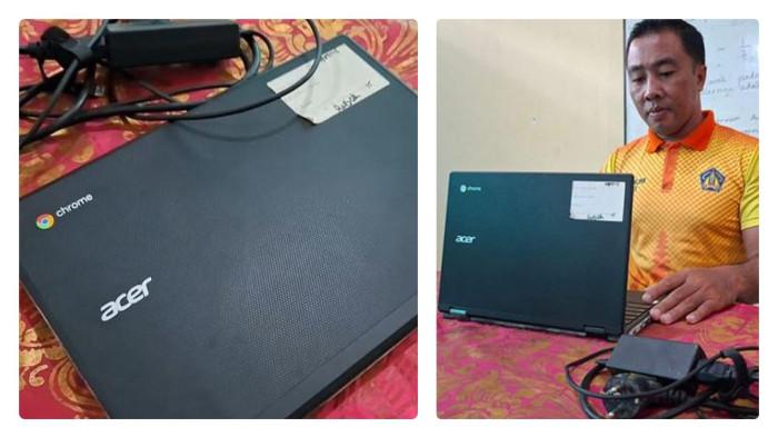 RUSAK - Laptop Chromebook yang disalurkan pemerintah pusat ke beberapa sekolah di Klungkung dalam kondisi rusak. Kepala Sekolah SDN 1 Dawan, Wayan Agus Kabiana saat menunjukan laptop berbasis Chromebook yang sudah dalam keadaan rusak, Kamis (17/7/2025).