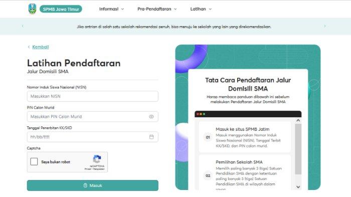 SPMB JATIM 2025 - Tangkap layar laman https://spmbjatim.net/latihan-pendaftaran/domisili/login/sma pada Senin (9/6/2025). Berikut link Latihan Pendaftaran SPMB Jatim Jenjang SMA/SMK Tahun 2025.