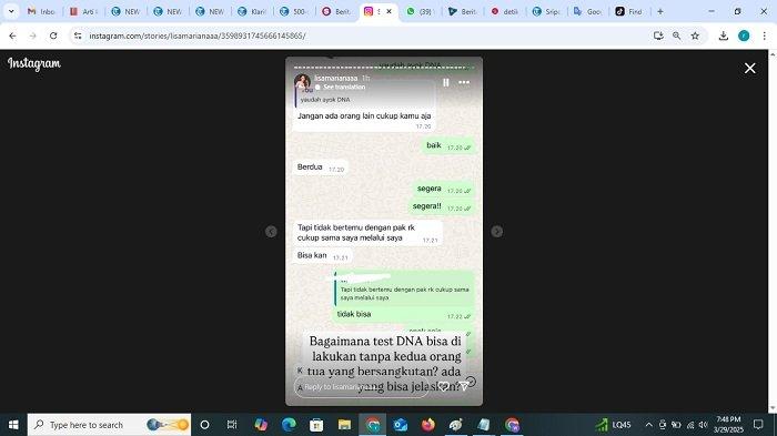 TES DNA - Lisa Mariana membagikan tangkapan layar chat antara dirinya dan orang tak diketahui identitasnya melalui media sosial. Tak disebutkan Lisa siapa yang chat dengannya. Namun, dia diajak mengikuti Tes DNA. Namun, tanpa melibatkan Ridwan Kamil.