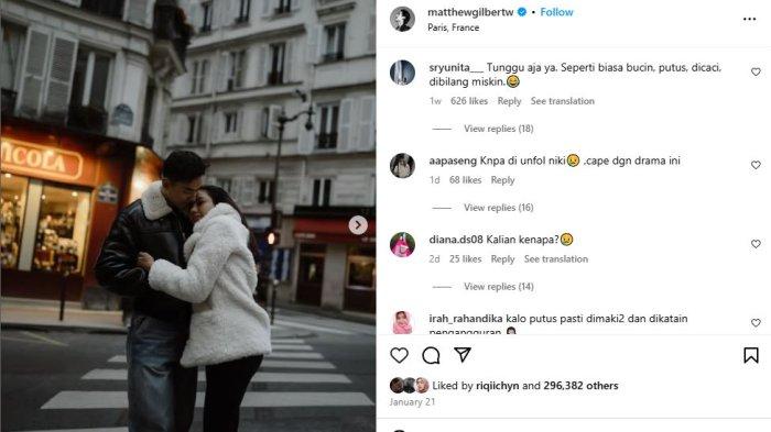 MATTHEW DISERBU NETIZEN- Tangkapan layar dari Instagram Matthew Gilbert, @matthewgilbertw, diambil pada hari ini, Kamis (30/1/2025), menampilkan bahwa IG Matthew diserbu komentar netizen, usai kedapatan tak difollow Nikita Mirzani.