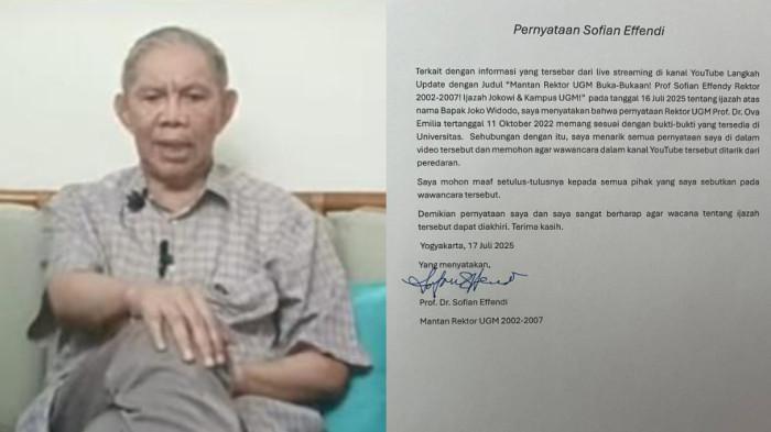 IJAZAH PALSU - Mantan Rektor Universitas Gadjah Mada (UGM) periode 2002–2007, Prof. Dr. Sofian Effendi, menarik seluruh pernyataannya di media sosial tentang ijazah palsu hingga hingga skripsi Presiden ke-7 Joko Widodo (Jokowi). Kolase tribunnews.com dan Twitter @dwioktariyadi