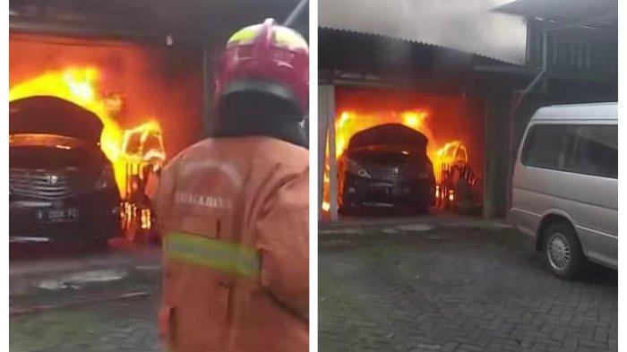 HANGUS TERBAKAR - Sebanyak tujuh dari total 13 mobil di garasi rumah milik mantan anggota DPR di Jalan Sidosermo Indah II, Wonocolo, Surabaya Selatan, hangus terbakar, Jumat (18/4/2025) petang, Kebakaran ini menyebabkan kerugian hingga miliaran rupiah. 