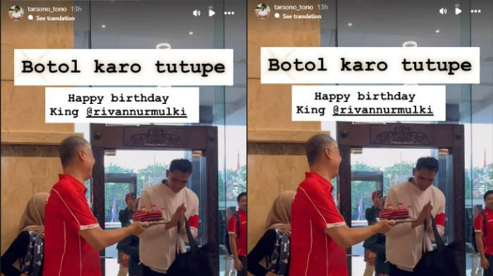 ULTAH RIVAN NURMULKI - Momen Rivan Nurmulki (kanan) tiup lilin ulang tahunnya ke-30 yang disodorkan pelatih Timnas voli putra Indonesia, Jeff Jiang Jie (kiri) sebelum laga Indonesia vs Vietnam di Jakarta, Kamis (17/6/2025).