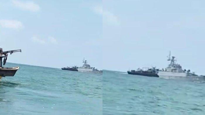 KAPAL NELAYAN DITEMBAKI - Tangkapan layar video amatir saat peristiwa penembakan kapal nelayan Sungsang oleh diduga kapal TNI AL, saat dikonfirmasi Kepala Penerangan (Kapen) Pangkalan Angkatan Laut (Lanal) Palembang sedang selidiki peristiwa tersebut, Minggu (13/7/2025). Di sisi lain, akibat insiden ini, ada satu nelayan mengalami luka di leher setelah terkena tembakan. Kini, dia dirawat di RS Islam Ar-rasyid, Palembang.
