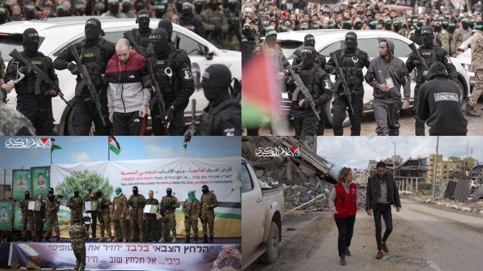 PEMBEBASAN SANDERA - Foto ini diambil dari publikasi Telegram Brigade Al-Qassam (sayap militer gerakan Hamas) pada Minggu (23/2/2025), foto (atas, kiri-kanan): 2 sandera Israel (Tal Shoham dan Avera Mengistu) dibebaskan, (bawah, kiri-kanan): 3 tentara Israel dibebaskan dan sandera Hisham al-Sayed dibebaskan.