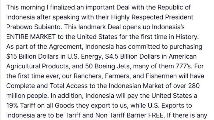 PENURUNAN TARIF IMPOR - Tangkapan layar unggahan Presiden Amerika Serikat (AS) Donald Trump