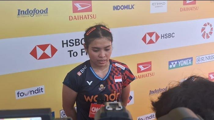 Pebulutangkis tunggal putri Indonesia, Gregoria Mariska Tunjung saat diwawancarai usai mengalahkan wakil Taiwan, Lin Hsiang Ti lewat pertarungan rubber game 21-14, 15-21, 21-14, Istora Senayan, Jakarta, Kamis (23/1/2025).