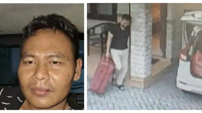 RTH alias A (33) tersangka pelaku mutilasi terhadap Uswatun Khasanah yang potongan jasadnya ditemukan dalam koper di Ngawi, Jawa Timur, smentara ditahan di Polda Jatim setelah dia berhasil ditangkap di Madiun, Minggu, 26 Januari 2025. foto kanan: rekaman CCTV menunjukkan RTH saat mengangkat koper merah berisi potongan tubuh Uswatun di Hotel Adisurya, Kediri.