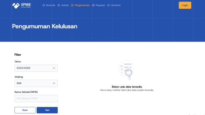 SPMB SULSEL 2025 - Tangkap layar portal https://spmb.sulselprov.go.id pada Selasa (3/6/2025). Pengumuman hasil Seleksi Penerimaan Murid Baru (SPMB) Provinsi Sulawesi Selatan (Sulsel) jenjang SMA Unggulan, SMA Berasrama, dan SMK dijadwalkan hari ini, Selasa (3/6/2025).