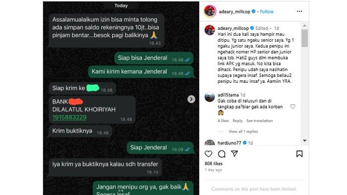 PENIPUAN - Foto menampilkan postingan Kabid Humas Polda Metro Jaya Kombes Ade Ary Syam Indradi yang hampir menjadi korban penipuan. Kombes Ade nyaris tertipu Rp 10 juta.