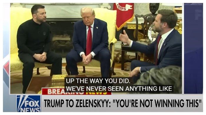 PERDEBATAN PANAS - Presiden Ukraina Volodymyr Zelensky, Presiden AS Donald Trump, dan Wakil Presiden AS J.D. Vance berbicara di Gedung Putih, Jumat, (28/2/2025). Zelensky dilaporkan diminta angkat kaki dari Gedung Putih.