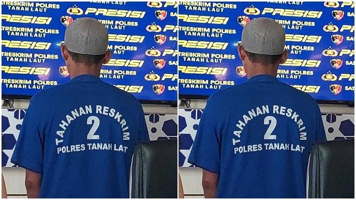 KASUS PENEMBAKAN - Sosok tersangka penembakan, S (46) saat konferensi pers di Polres Tanahlaut, Senin (31/3/2025). Pelaku bunuh selingkuhan istri pakai senjata rakitan.