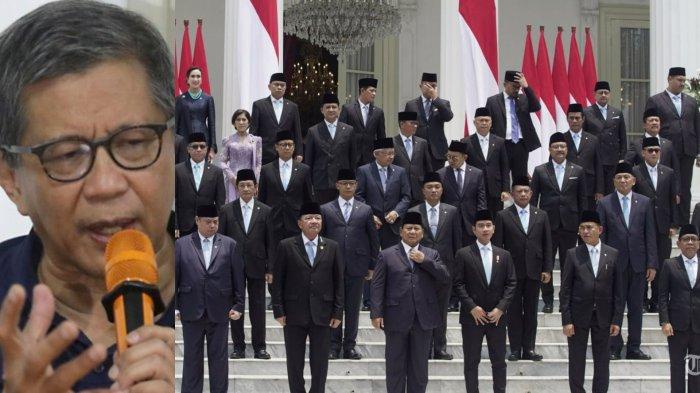 RESHUFFLE KABINET - Kolase foto pengamat politik Rocky Gerung (kiri) sesi foto bersama Presiden Prabowo Subianto, Wakil Presiden Gibran Rakabuming Raka dan para menteri Kabinet Merah Putih di Istana Merdeka, Jakarta, Senin (21/10/2024). Kini,  Rocky Gerung mendesak Presiden Prabowo segera melakukan reshuffle kabinet guna menghadirkan energi baru dalam pemerintahan. 