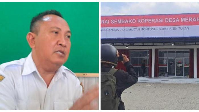 KOPDES MERHA PUTIH - Kolase foto Santiko, Kepala Desa Pucangan, Kecamatan Montong, Kabupaten Tuban, saat diwawancarai usai putus kerjasama Koperasi Desa Merah Putih (KDMP) dengan Perekonomian Pondok Pesantren Sunan Drajat Lamongan, Rabu (23/7/2025) dan potret KDMP Pucangan. Berikut sosok Sosok Santiko, kepala Desa Pucangan, viral usai salah sebut dalam acara peresmian 80.000 kelembagaan Koperasi Merah Putih pada Senin (21/7/2025).