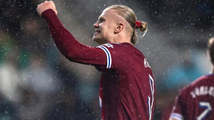 Selebrasi Erling Haaland saat cetak gol ke gawang Estonia