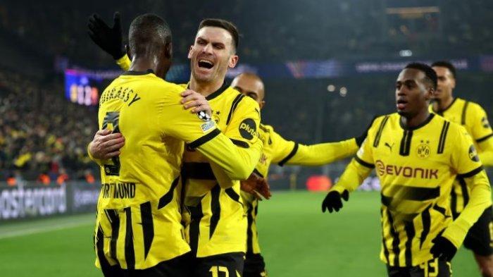 SELEBRASI DORTMUND - Selebrasi pemain Borussia Dortmund saat melawan Barcelona pada pertandingan leg kedua babak 8 besar Liga Eropa di Signal Iduna Park, Rabu (16/4/2025) dini hari WIB, (Laman resmi UEFA).