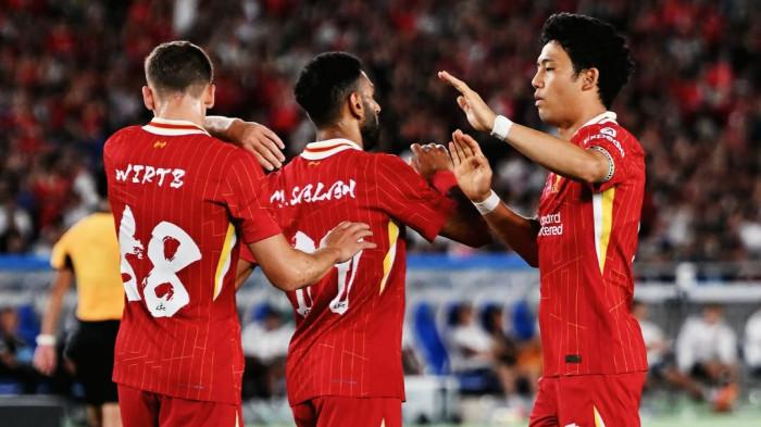 SELEBRASI - Selebrasi pemain Liverpool saat pertandingan uji coba melawan Yokohama F Marinos, pada Rabu (30/7/2025) malam WIB. Liverpool gasak klub Sandy Walsh 3-1.