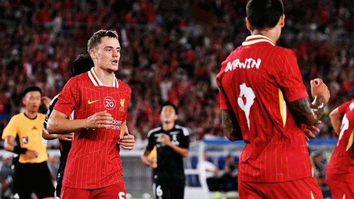 SELEBRASI - Selebrasi pemain anyar Liverpool, Florian Wirtz saat pertandingan uji coba melawan Yokohama F Marinos, pada Rabu (30/7/2025) malam WIB. Liverpool kalahkan klub Sandy Walsh 3-1.