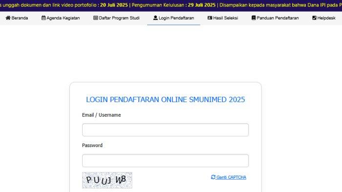 SELEKSI MANDIRI UNIMED - Tangkap layar Sistem Pendaftaran Online Seleksi Mandiri
Universitas Negeri Medan dengan alamat website http://sm.unimed.ac.id pada Selasa (6/5/2025). Pendaftaran Seleksi Mandiri Universitas Negeri Medan (Unimed) 2025 masih dibuka hingga tanggal 20 Juli 2025, ini cara daftar di http://sm.unimed.ac.id