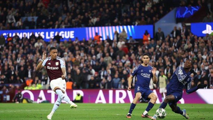 SEPAKAN TIELEMANS - Sepakan gelandang Aston Villa, Youri Tielemans saat melawan PSG pada leg kedua babak 8 besar Liga Champions, Rabu (16/4/2025) dini hari WIB. Aston Villa menang dengan skor 3-1, tapi gagal lolos ke semifinal. (Laman resmi Aston Villa).