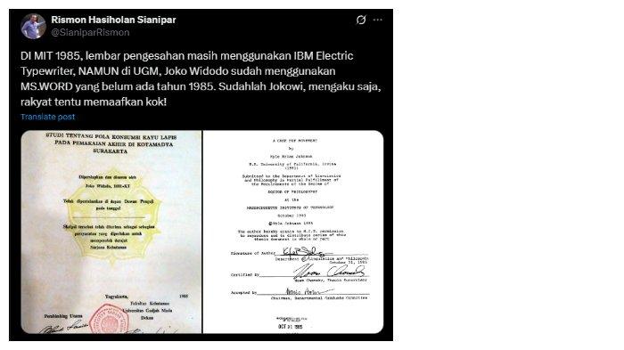 Cuitan eks dosen Universitas Mataram Rismon Hasiholan Sianipar di akun @SianiparRismon di media sosial X (dulu Twitter) pada Selasa (13/5/2025). Cuitan tersebut, Rismon membandingkan lembar pengesahan thesis program doktor di MIT pada 1985 dengan lembar pengesahan skripsi S1 UGM milik Presiden RI ke-7 Joko Widodo (Jokowi).