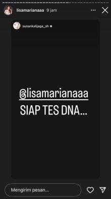 LISA TES DNA - Tangkap layar Instagram Story Sunan Kalijaga diunggah ulang Lisa Mariana, sebut Lisa Marianaa siap tes DNA untuk buktikan tuduhan anak yang ia kandung adalah anak Ridwan Kamil, postingan tersebut diunggah pada Kamis (27/3/2025) malam.
