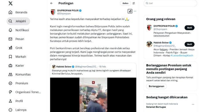 POLISI PUKULI MAHASISWA - Tangkap layar pernyataan Divpropam, Kamis (20/2/2025) terkait video viral oknum polisi pukuli mahasiswa saat demo di Gedung DPRD Jawa Timur. Oknum polisi berinisial Aiptu YT sudah diamankan dan terbukti bersalah.