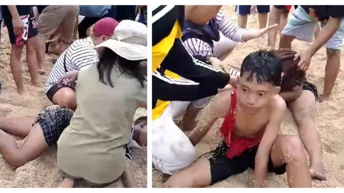 Upaya penyelamatan siswa SMPN 7 Mojokerto yang baru saja tenggelam saat mandi laut di Pantai Drini, Kabupaten Gunungkidul, Daerah Istimewa Yogyakarta, Selasa pagi, 28 Januari 2025.