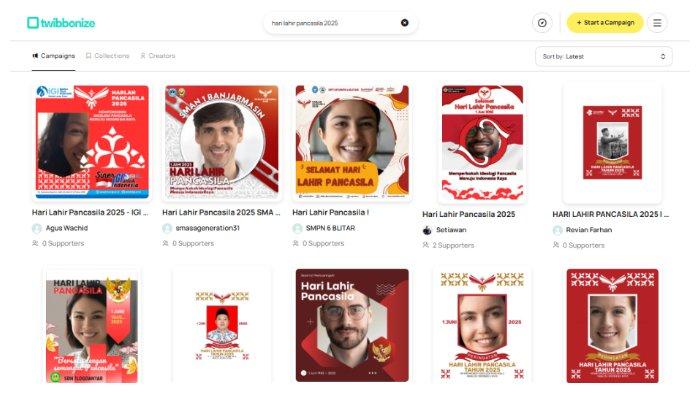 TWIBBON HARLAH PANCASILA - Tangkapan layar diambil dari Twibbonize pada Jumat (30/5/2025). Gunakan 100 Twibbon di artikel ini untuk peringatan Hari Lahir Pancasila pada 1 Juni 2025.