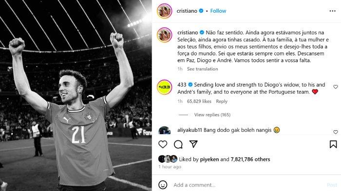 UCAPAN BELASUNGKAWA RONALDO - Tangkapan layar Instagram @cristiano, yang diambil Rabu (3/7/2025), menampilkan postingan Ronaldo yang menyampaikan ucapan bela sungkawa atas meninggalnya Diogo Jota.