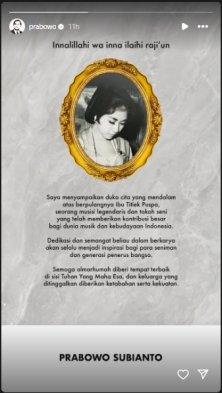 TITIEK PUSPA MENINGGAL - Presiden Prabowo Subianto mengungkapkan rasa bela sungkawanya atas kepergian Titiek Puspa.