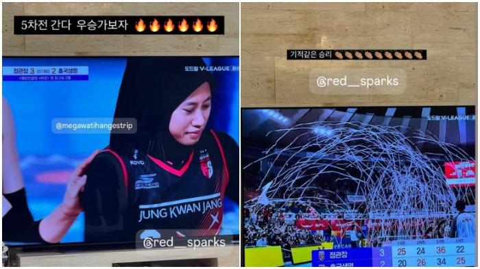 POTRET MEGAWATI MENANGIS - Wajah Megawati ada dalam Instagram story salah satu personil girlband SNSD, Kwon Yuri, seusai berhasil membawa Red Sparks meraih kemenangan atas Pink Spiders di final Liga Voli Korea Putri 2024/2025 leg keempat, Minggu (6/4/2025).
